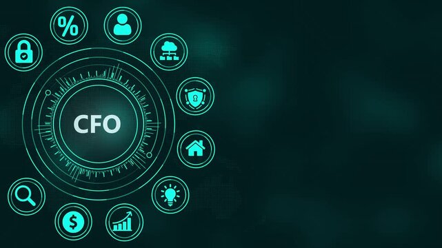 Glowing Futuristic Business Interface with CFO Text and Financial Icons on a Dark Backdrop chief financial officer