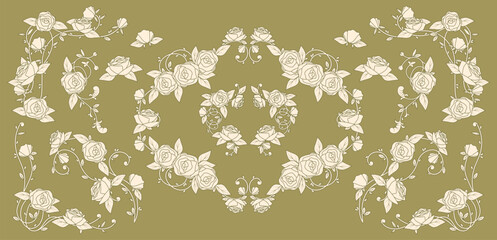 Vintage nouveau floral border with roses and delicate vines with leaves, retro pattern, corner frame with flowers for romantic wedding invitations, botanical prints, or decorative book covers.