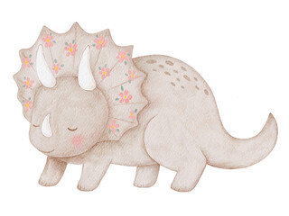 Cute watercolor dinosaur. Sleeping baby triceratops. Floral nursery art. © Karina Martirosova