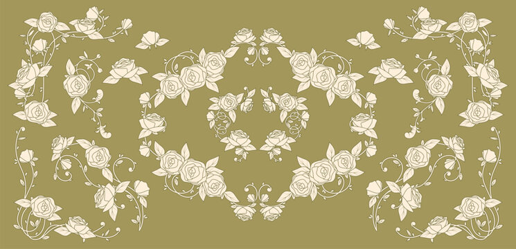 Vintage nouveau floral border with roses and delicate vines with leaves, retro pattern, corner frame with flowers for romantic wedding invitations, botanical prints, or decorative book covers.
