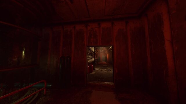 service hatch opening into red pipe chamber with dim walkway and scattered debris, heavy metal textures and warm tones, scene suitable for inspector walkthrough