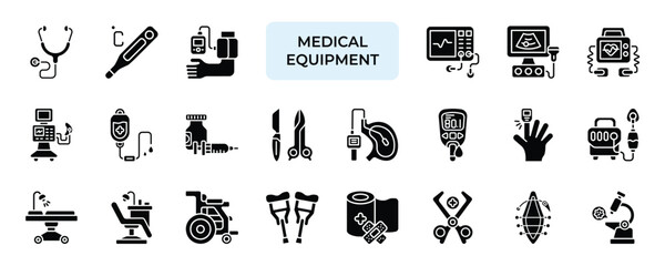 Medical Equipment Icon set Collection in Solid Glyph Style. hospital, emergency, clinical, patient, stethoscope, thermometer