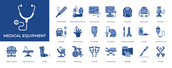 Medical Equipment Icon set Collection in Glyph Two Color Style. hospital, emergency, clinical, patient, stethoscope, thermometer