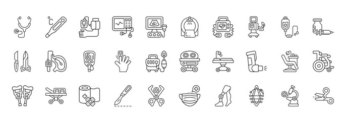 Medical Equipment Icon set Collection in Line Style. hospital, emergency, clinical, patient, stethoscope, thermometer