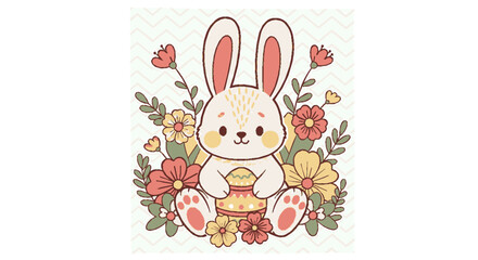 Cute cartoon bunny holding basket surrounded colorful flowers and leaves on white background