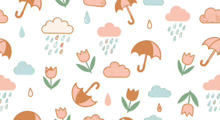 Fototapeta premium Whimsical pattern of orange umbrellas pink tulips and soft clouds with raindrops on a light background