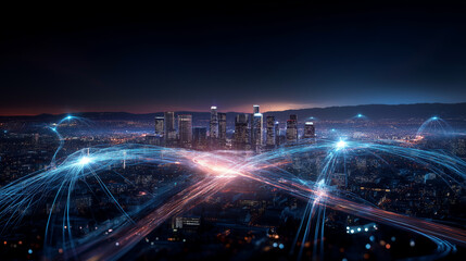 Obraz premium Cinematic aerial digital painting of a glowing smart city at night the road grid illuminated from within by blue data pulses representing real time connectivity tower clusters