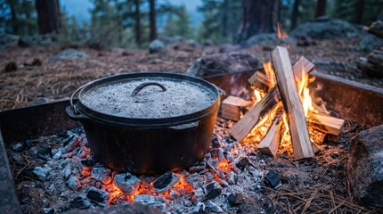 Cast iron dutch oven cooking over campfire in forested outdoor setting with burning wood and glowing embers
