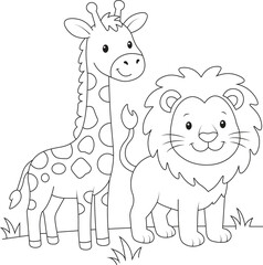 Obraz premium Cute Lion and Giraffe Cartoon Line Art Coloring Page Illustration