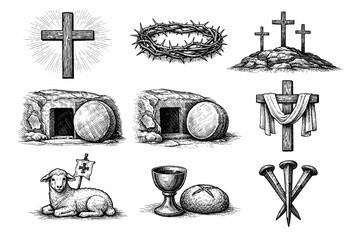 Christian Easter Vintage Engraving Icon Set with Cross, Crown of Thorns, Empty Tomb, Lamb and Communion Symbols