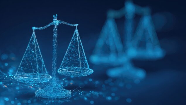 Digital network scales of justice against dark blue background