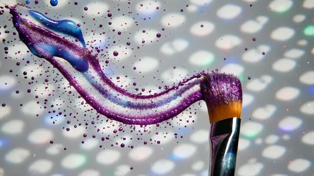 A close-up of a makeup applicator with sparkling purple glitter swirling in the air, enhanced by colorful blurred lights in the background