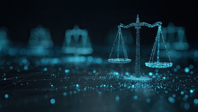 Digital scales of justice glow against a dark, bokeh background