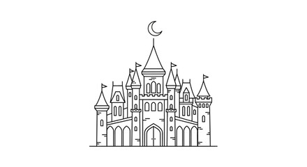 Minimalist fantasy castle icon with crescent moon © jum