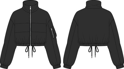 Black cropped puffer jacket technical fashion sketch, zip up bomber coat cad drawing flat vector illustration, streetwear outerwear clothing template © Mst