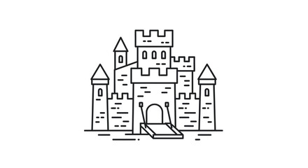 Minimalist line art castle icon with turrets and drawbridge © jum