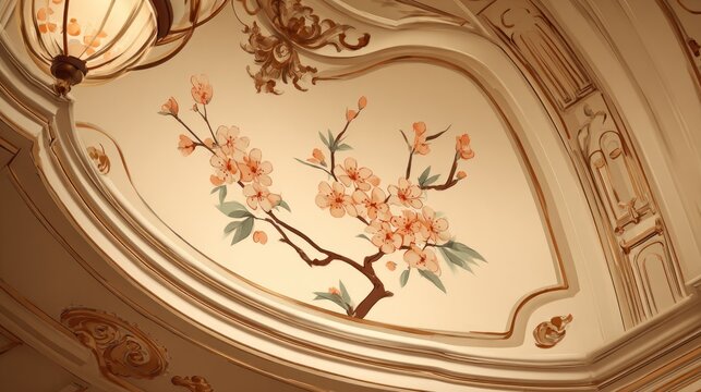 Ornate architectural detail features a hand-painted flowering branch design on an interior ceiling panel