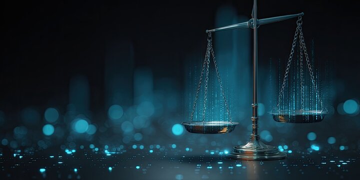 Digital balance scales with glowing data streams and bokeh lights