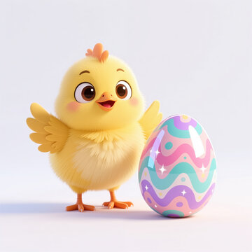 Vibrant Easter illustration of a cheerful yellow chick with big eyes and a fluffy texture standing beside a large decorated egg with swirling pastel patterns and sparkles.
