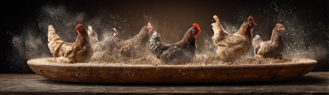Group of domestic fowl vigorously taking a dust bath within a rustic wooden trough