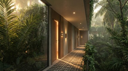 A sleek modern hallway opens directly into a lush, sun-drenched forest with misty light, seamlessly blending human design and wild nature. Biophilic architecture, tranquil escape, natural integration.