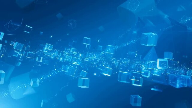 Abstract blue digital background with floating geometric shapes and particles. Represents technology, innovation, and data visualization in a modern context