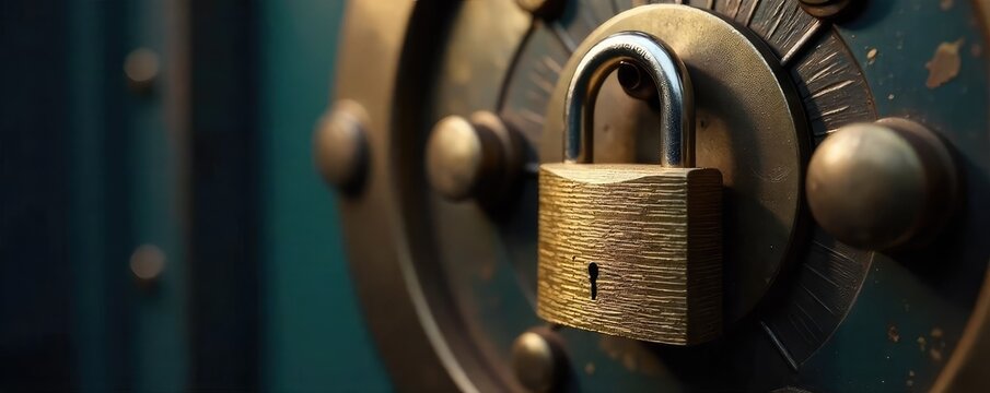 Close-up of a golden padlock securing a sturdy vault door, symbolizing ultimate protection and security A concept of reliable safety and valuable asset preservation , door, padlock, strong