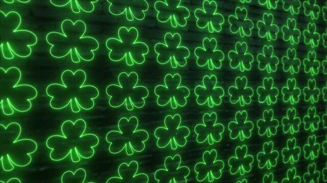 Saint Patrick's Day background: a pattern of flickering and glowing green neon shamrocks on a dark brick wall texture. This celebration background is full HD and a seamless loop.