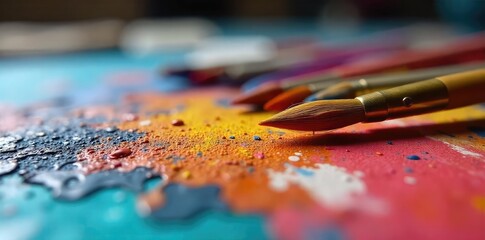 Fototapeta premium Close-up of a paintbrush resting on a palette, surrounded by vibrant tubes of oil paint Ready for the next masterpiece, this image evokes creativity and artistic expression , oil paint, background