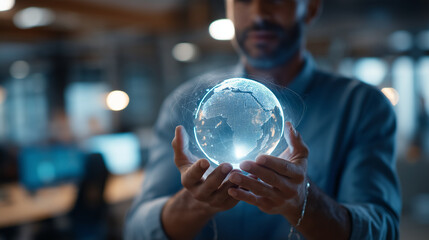 Fototapeta premium Faceless businessman from behind in a smart casual shirt hands cupped to hold a luminous digital globe the globe projecting soft blue light upward onto his chest and arms a fain