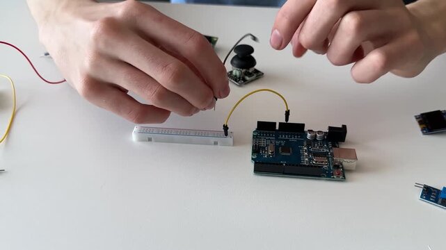 STEM lesson for children assembling microcontroller and breadboard circuit at desk