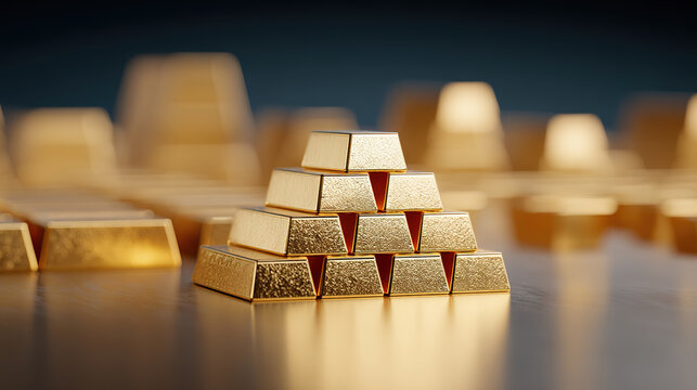 A large number of gold bars stacked together in a gold finance-themed background.
