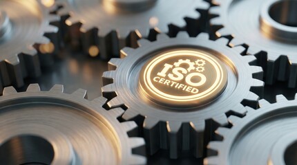 Naklejka premium ISO certified quality management concept with glowing text on industrial metal gears.