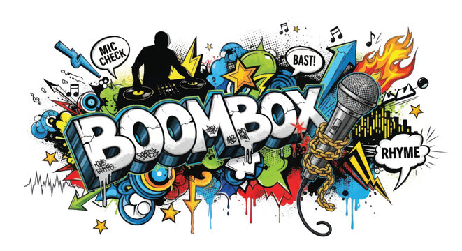 Colorful graffiti boombox street art with microphone, speakers, and musical elements.