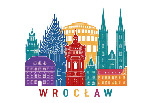 Colorful illustration of Wroclaw city landmarks
