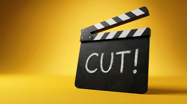 Professional movie clapperboard with the word cut written in chalk on a vibrant yellow background.