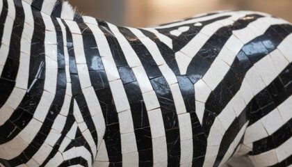 Fototapeta premium Artistic Zebra Sculpture Close-Up Zebra Sculpture Art Black And White Animal Art Decorative Close-Up. Concept featuring zebra, sculpture, art, black and white, animal art for professional commercia...