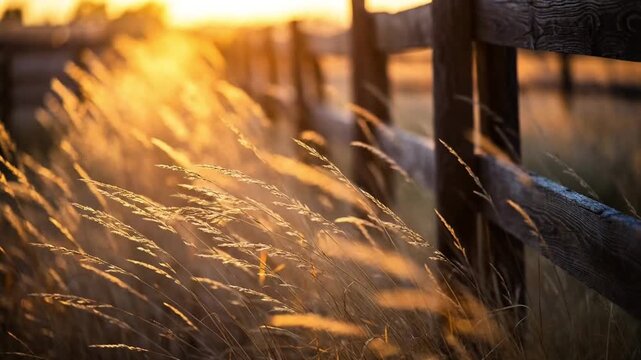 Golden Colored Grass Gently Blowing in the Wind Alongside a Rustic Wooden Split Rail Fence at Golden Hour