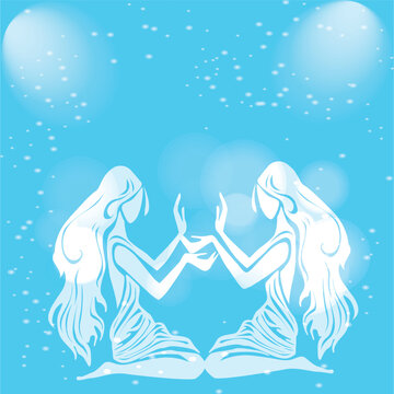 Gemini Zodiac Sign Twin Women Silhouette on Blue Background