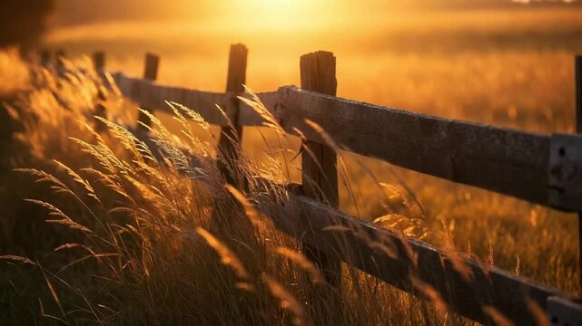 Golden Colored Grass Gently Blowing in the Wind Alongside a Rustic Wooden Split Rail Fence at Golden Hour
