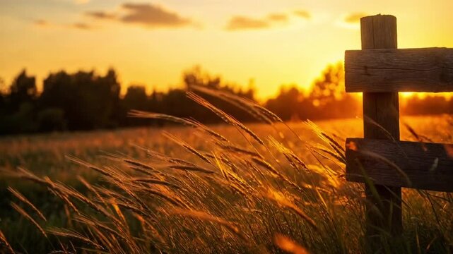 Golden Colored Grass Gently Blowing in the Wind Alongside a Rustic Wooden Split Rail Fence at Golden Hour