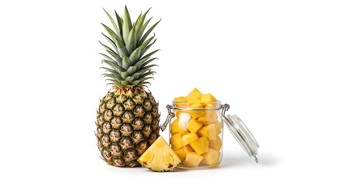 A crisp studio shot featuring a whole pineapple and a jar of diced fruit highlighting fresh tropical nutrition concepts.