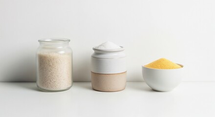 Three different dry ingredients side by side in glass jar, white bowl, and ceramic container on white table