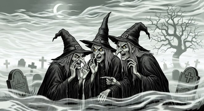 Three wicked women witches with pointed hats talking loudly in a spooky graveyard at night. Scary Halloween scene background for creepy party invitation.