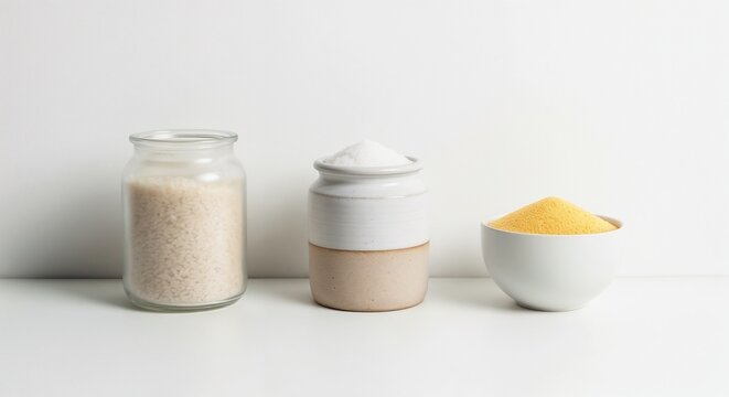 Three different dry ingredients side by side in glass jar, white bowl, and ceramic container on white table