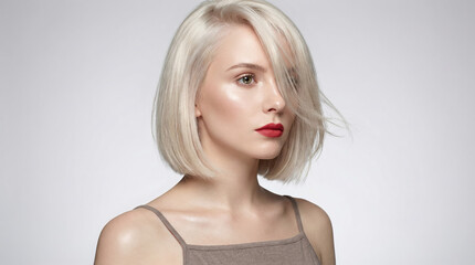 Beautiful young woman with platinum blonde bob hairstyle and red lipstick posing in a studio beauty portrait.