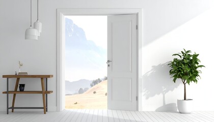 Fototapeta premium A bright interior with an open white door framing a serene outdoor mountain vista