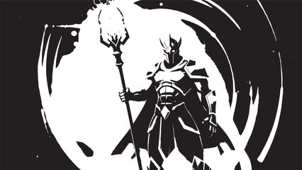 Silhouette of an armored wizard-like warrior holding a staff within a circular frame, bold high-contrast illustration.