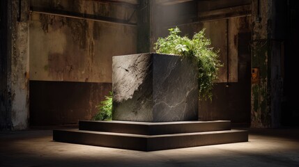 Fototapeta premium Minimalist cube with green plants in industrial space
