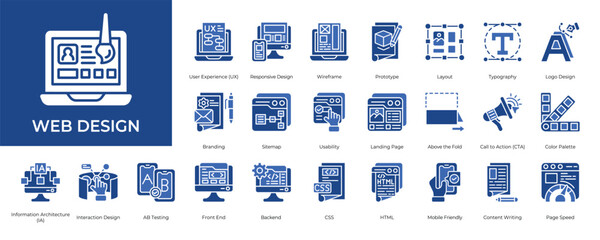 Web Design Icon set Collection in Glyph Two Color Style. interface, experience, responsive, wireframe, prototype, layout
